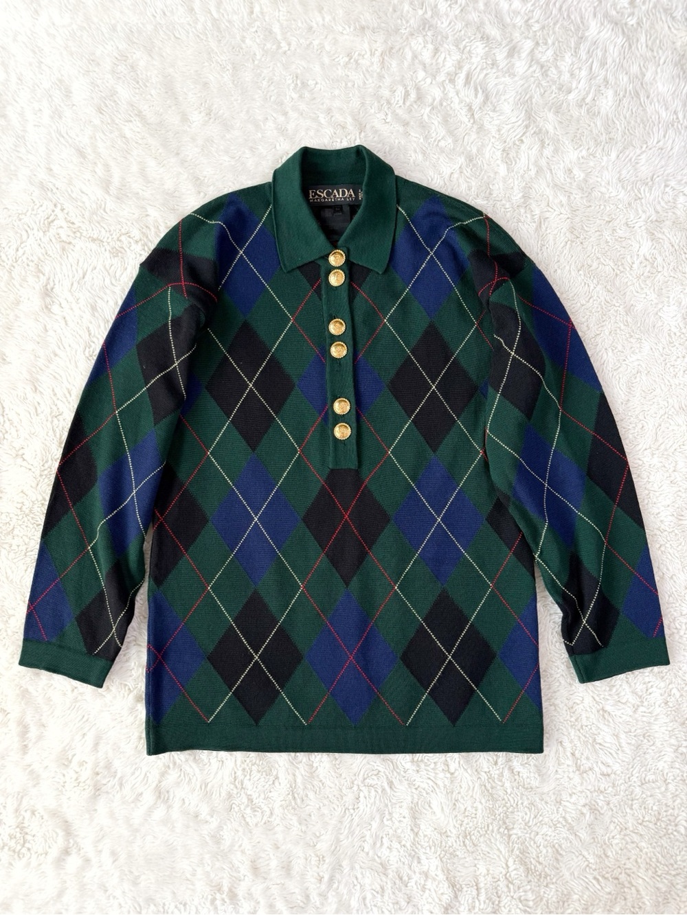 VTG Escada Woman Forest Green Merino Wool Argyle Polo Sweater SIZE34 Luxury 90s